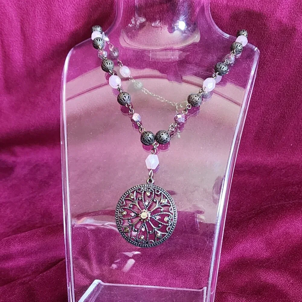 Silver Toned Pendant on Pink Beaded Necklace Fashion Jewelry NEW